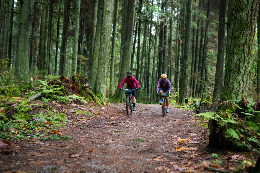 Two cyclists on the Capilano River Regional Park trail.